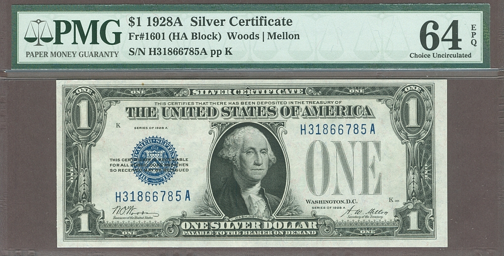 Fr.1601, 1928A $1 Silver Certificate, H-A Block, PMG64-EPQ